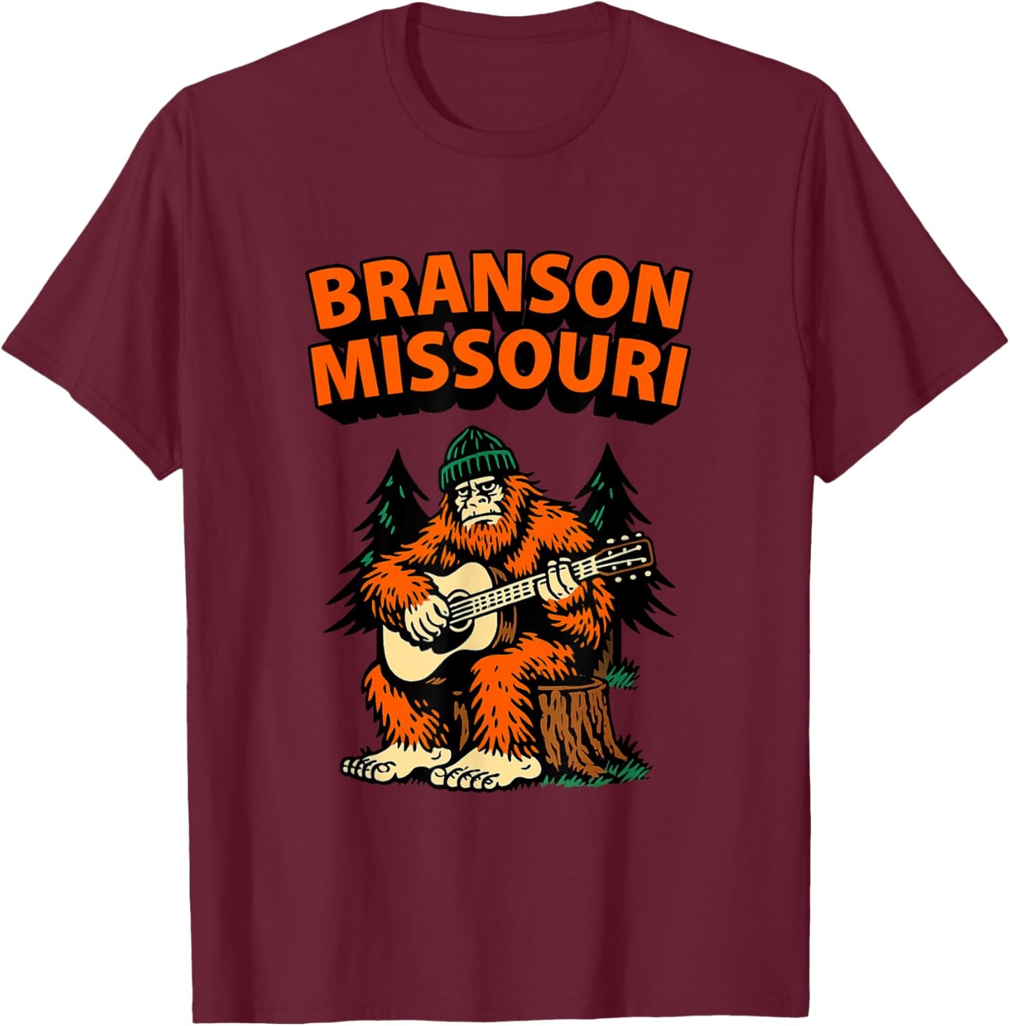 Bigfoot Playing Guitar in The Wood Branson Missouri Souvenir T-Shirt - T-Shirt | Maroon