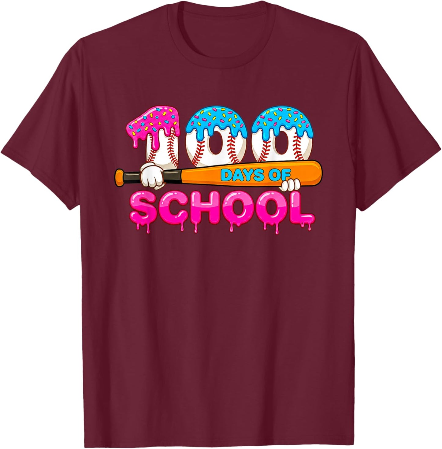 100 Days of School Baseball Ice Cream Drip for Teacher Kid T-Shirt - T-Shirt | Maroon
