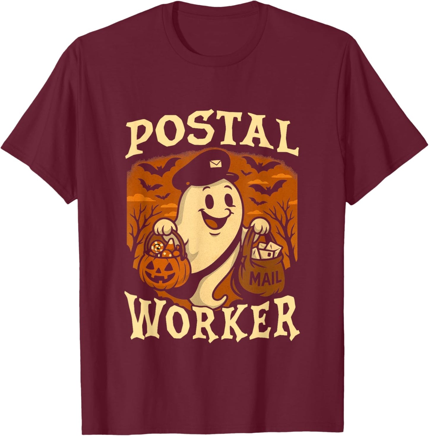 Postal Worker Phumpkin Post Office Staff Ghost Halloween T-Shirt - T-Shirt | Maroon
