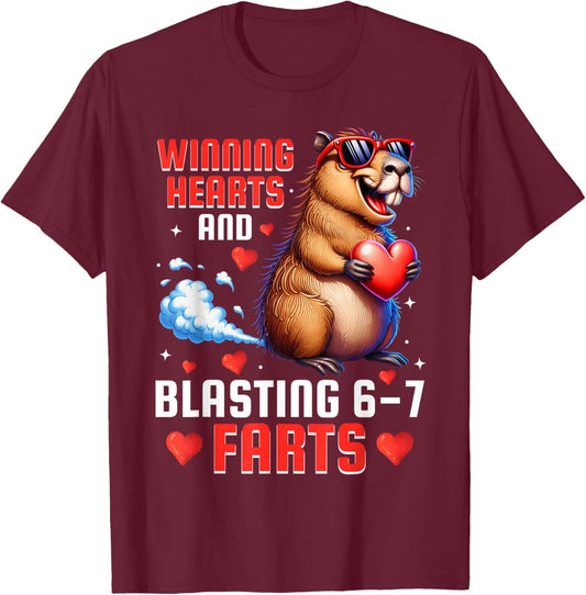 Winning Hearts 67 Meme Capybara Kids Boys Valentine's Day T-Shirt - T-Shirt | Maroon