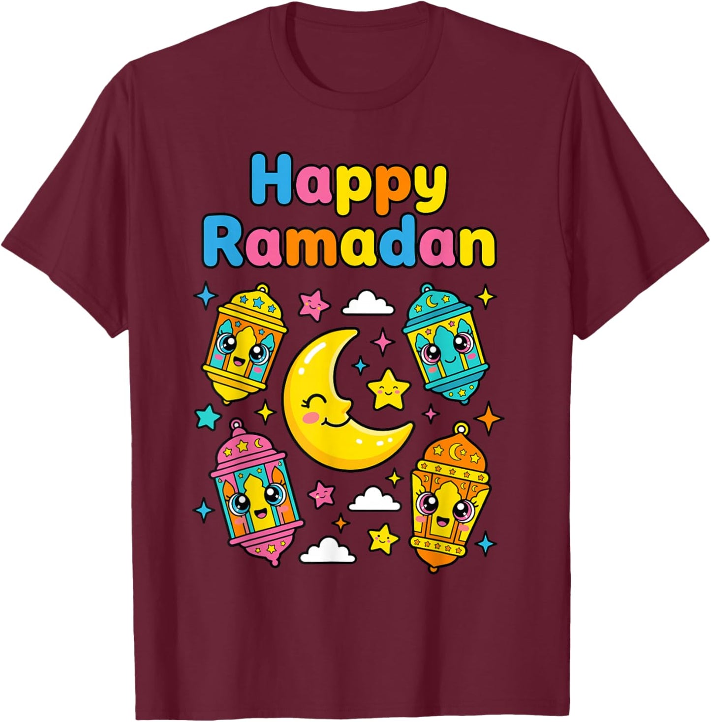 Happy Ramadan for Kids Muslim Boys Girls Kawaii Moon Lantern T-Shirt - T-Shirt | Maroon