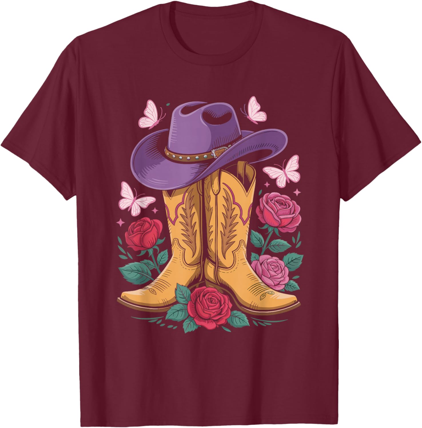Cowgirl Western Cowboy Hat Boots with Roses Country Western T-Shirt - T-Shirt | Maroon