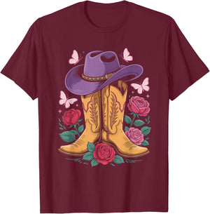 Cowgirl Western Cowboy Hat Boots with Roses Country Western T-Shirt - T-Shirt | Maroon