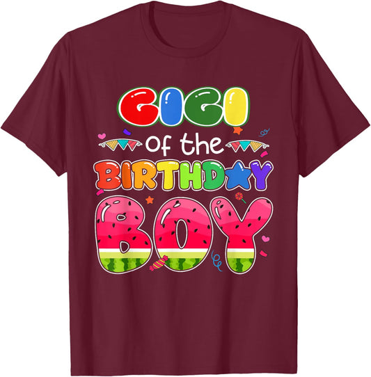 Gigi of The Birthday Boy Melon Family Matching Funny T-Shirt - T-Shirt | Maroon