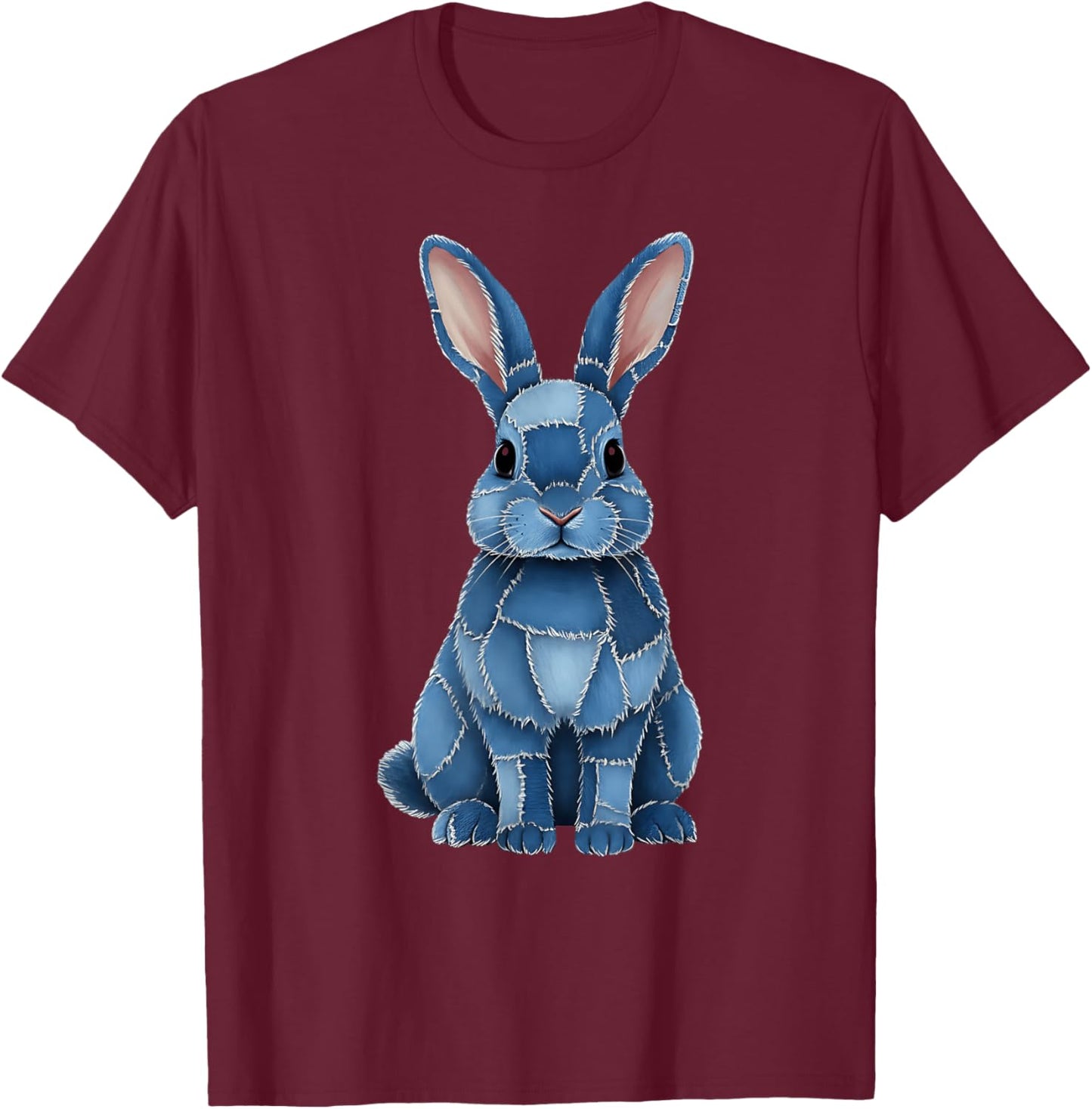 Funny Rabbit Bunny Easter Blue Denim Patchwork Style Animal T-Shirt - T-Shirt | Maroon