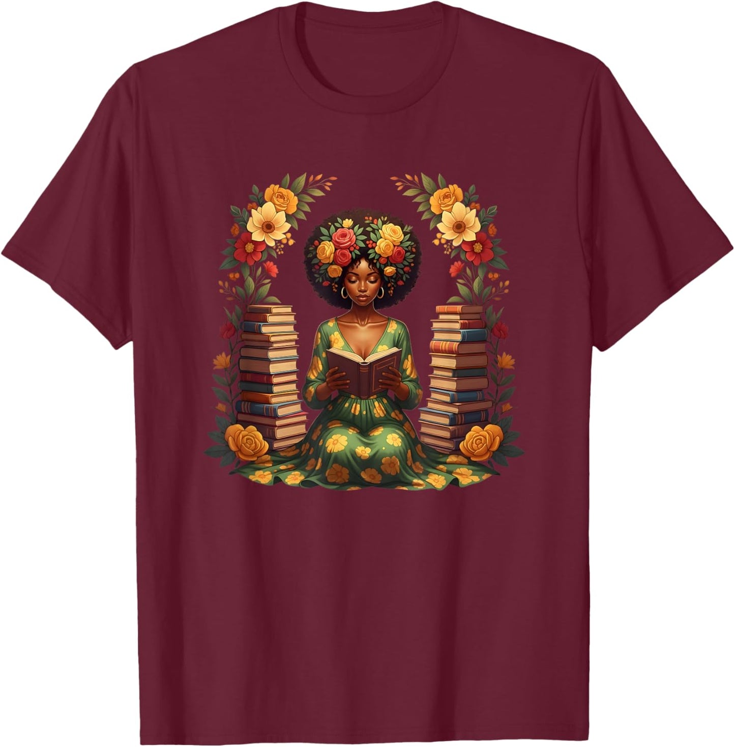 Educated Melanin Queen Afro Women Reading Book Black History T-Shirt - T-Shirt | Maroon