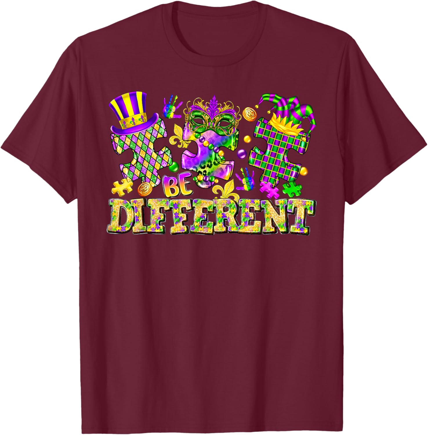 Be Different Puzzle Piece Mardi Gras New Orleans Autism T-Shirt - T-Shirt | Maroon