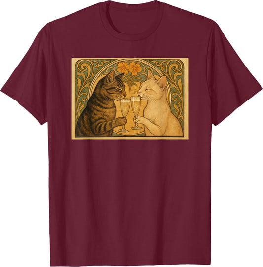 Art Nouveau Inspired Cat Illustration - Fun Cute T-Shirt - T-Shirt | Maroon