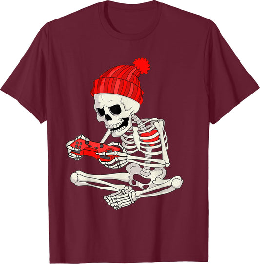 Funny Boys Valentines Skeleton Gamer Video Games Gaming T-Shirt - T-Shirt | Maroon