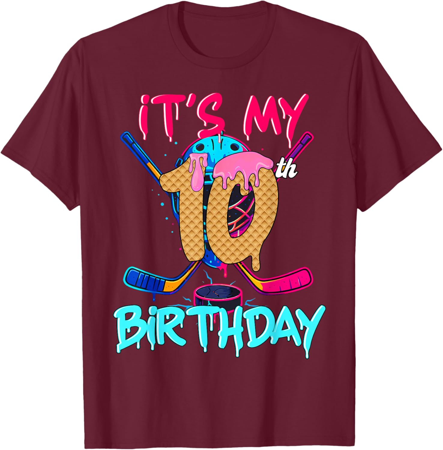 Hockey Ice Cream Drip It's My 10th Birthday Number 10 Player T-Shirt - T-Shirt | Maroon