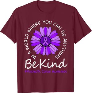 Be Kind Pancreatic Cancer Awareness Sunflower Ribbon Purple T-Shirt - T-Shirt | Maroon