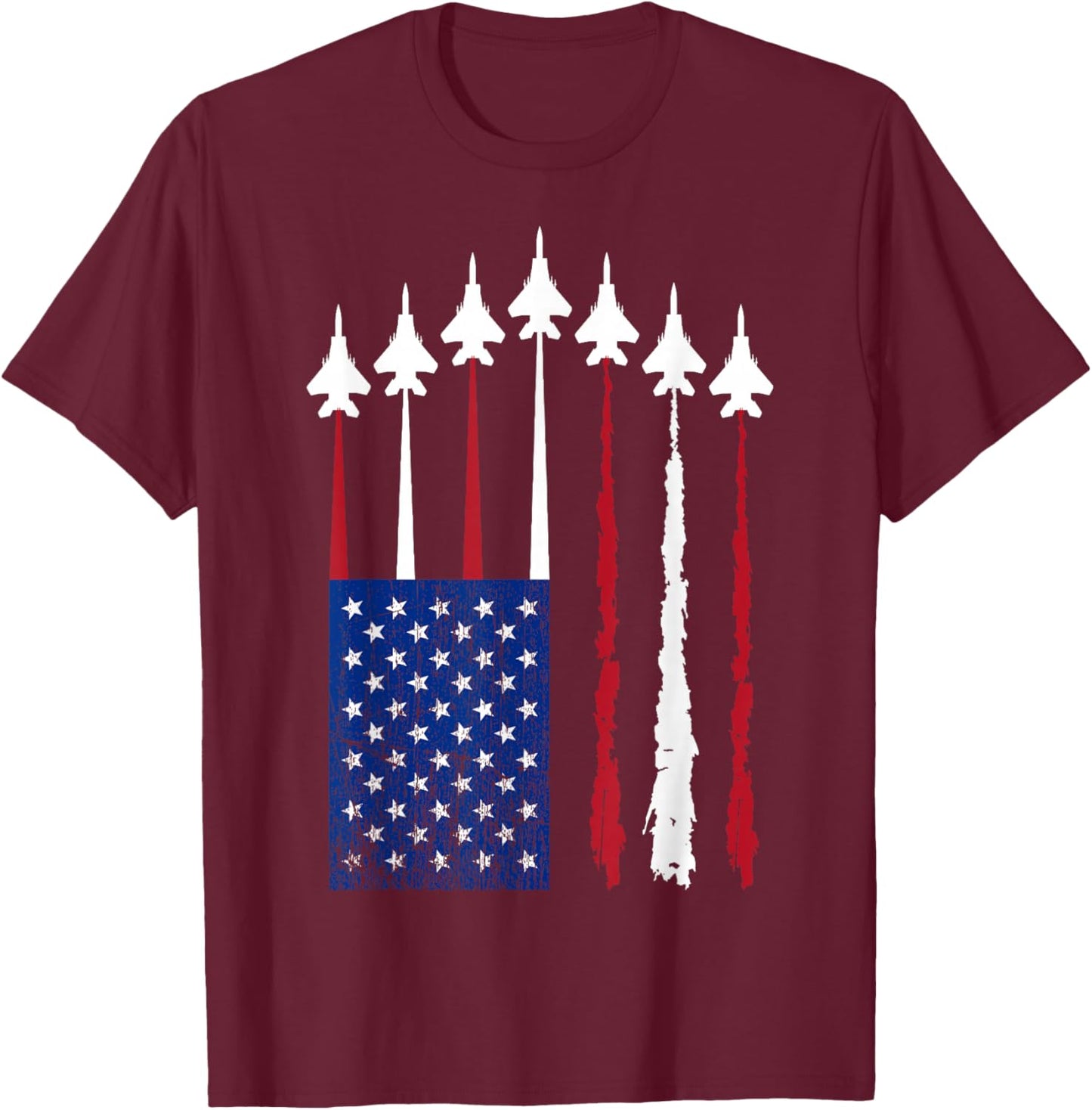 American Flag Fighter Jets Patriotic USA Red White and Blue T-Shirt - T-Shirt | Maroon