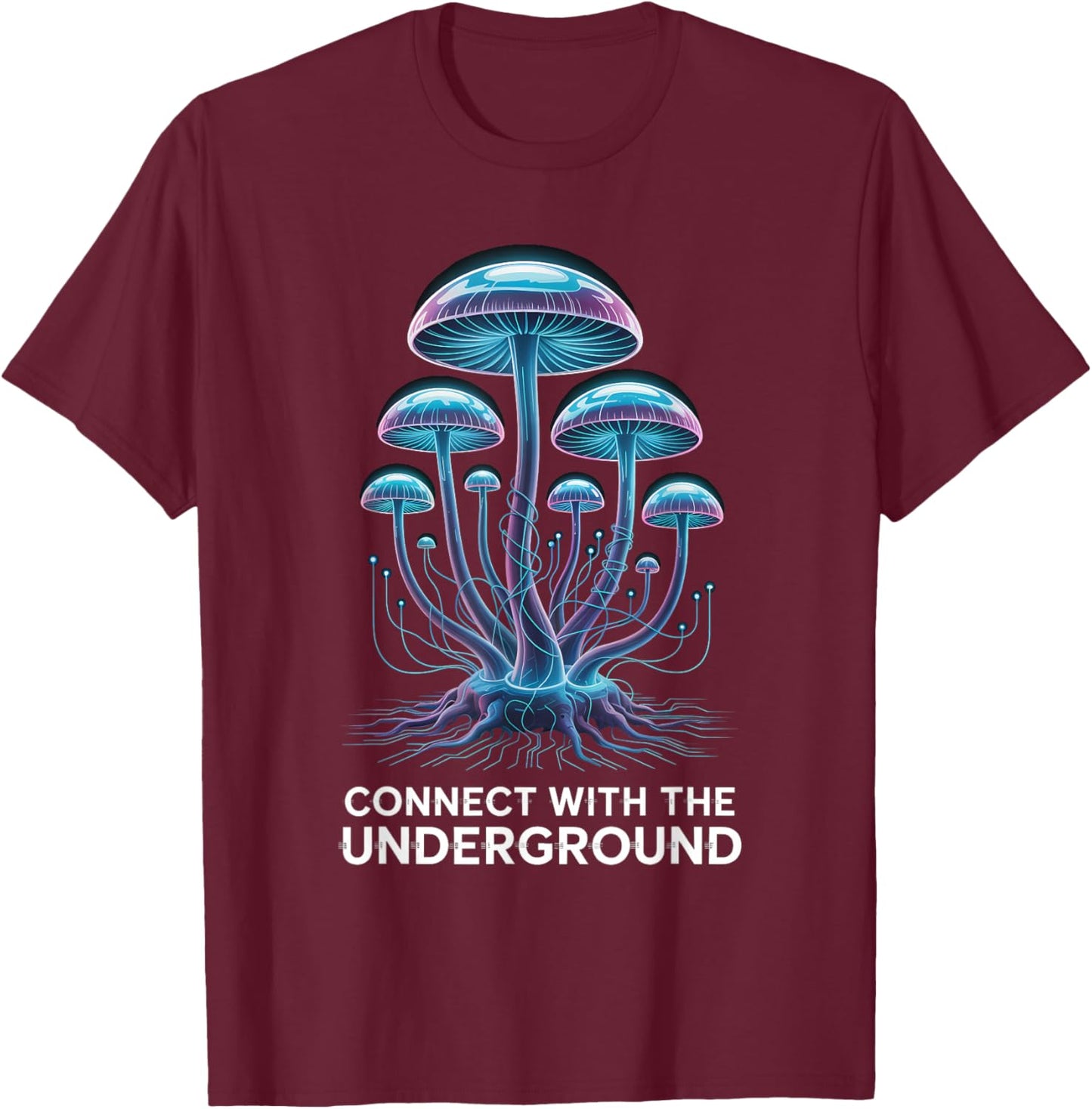 Luminous Cyber Mushroom Mycelium Network Tech Graphic T-Shirt - T-Shirt | Maroon