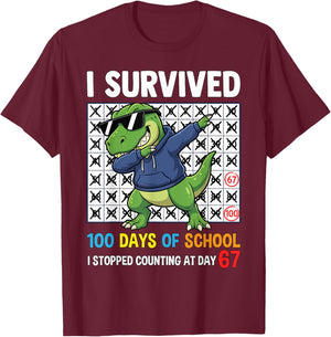 I Survived 100 Days of School T-Rex Dabbing 67 Humor Student T-Shirt - T-Shirt | Maroon