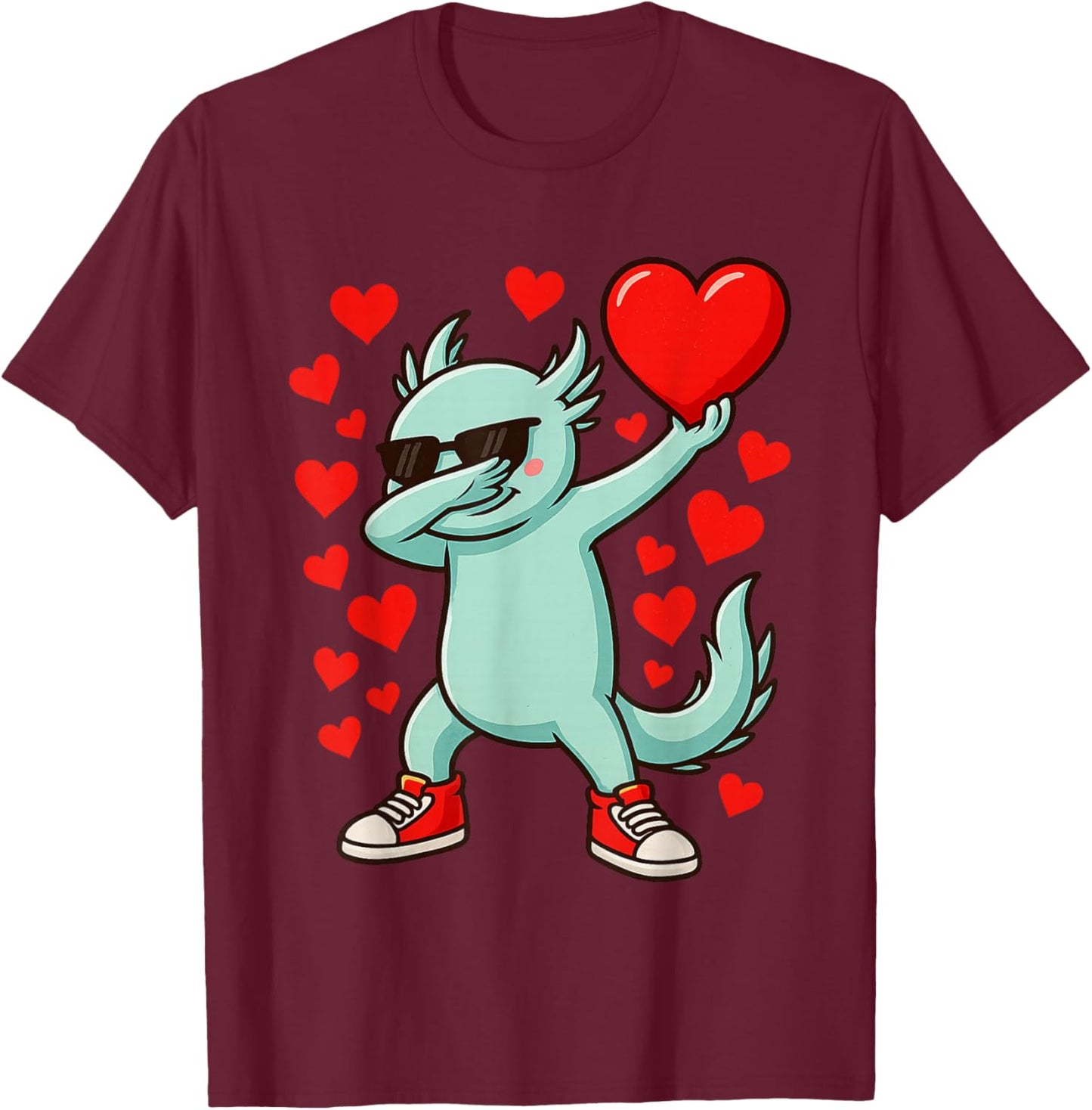 Dabbing Axolotl Heart Valentines Day As Girls Boys Kids T-Shirt - T-Shirt | Maroon