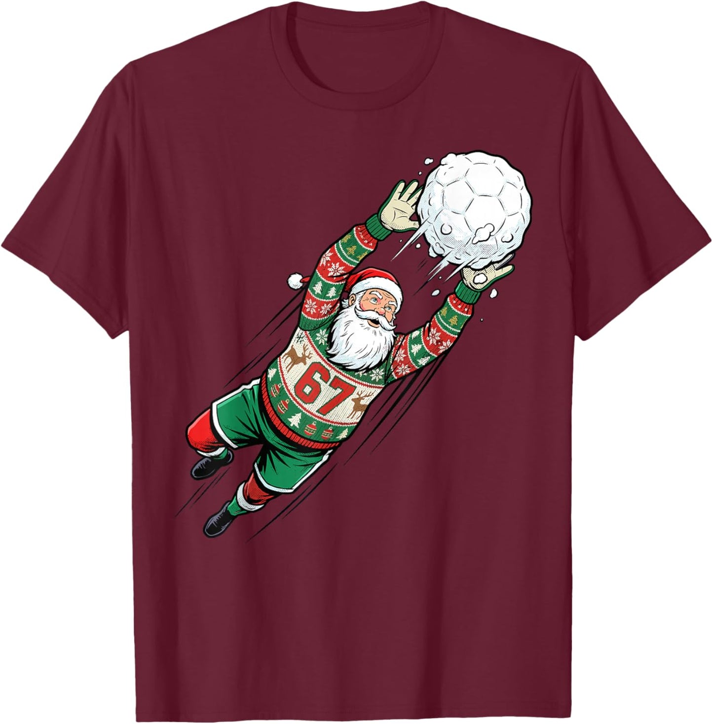 Santa 67 Soccer Goalie Ugly Sweater Funny Christmas Sports T-Shirt - T-Shirt | Maroon