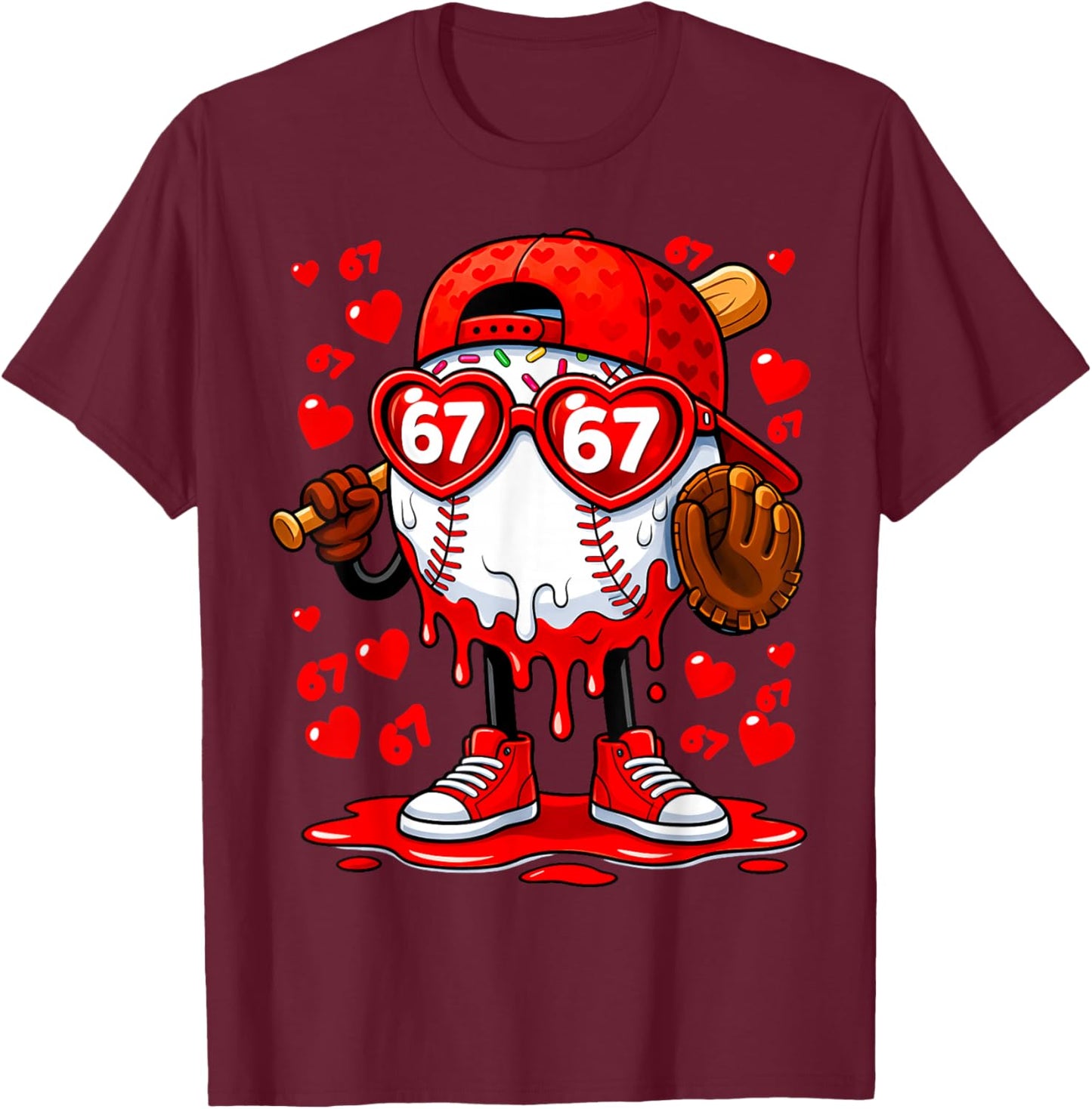 Funny 67 Baseball Drip Valentine's Day T-Shirt - T-Shirt | Maroon