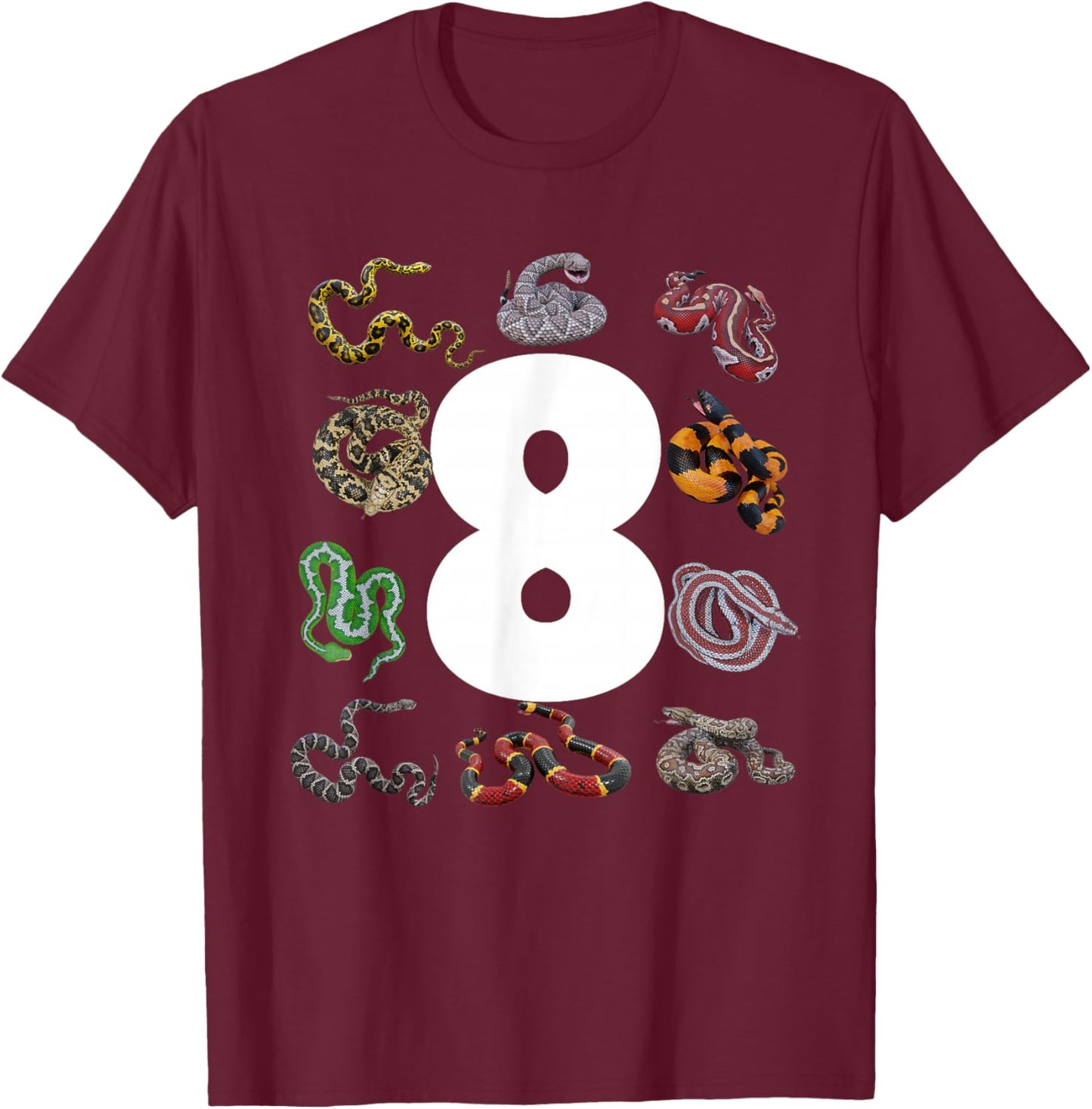 8th Snake Birthday Party Eight Year Old Snake Lover Birthday T-Shirt - T-Shirt | Maroon