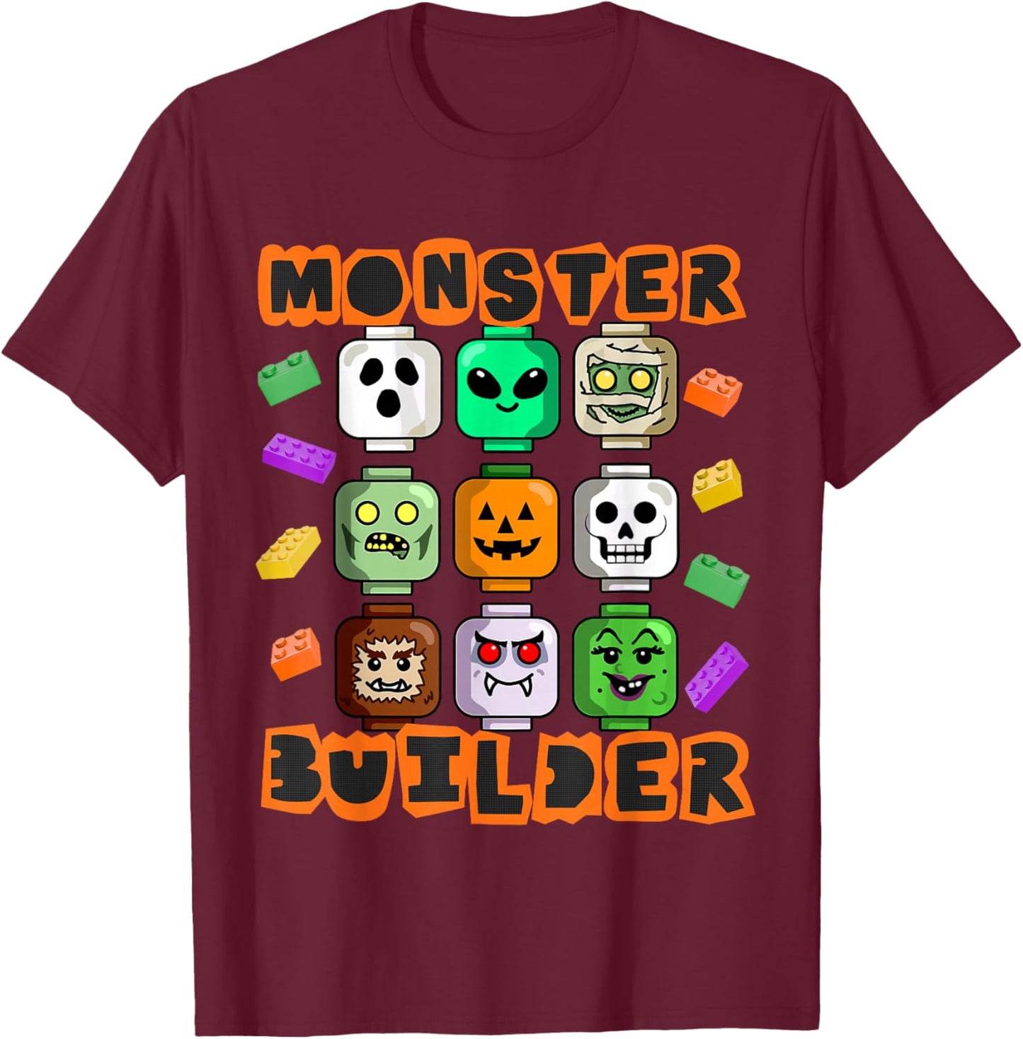 Monster Builder Halloween Building Bricks Brick Head Funny T-Shirt - T-Shirt | Maroon