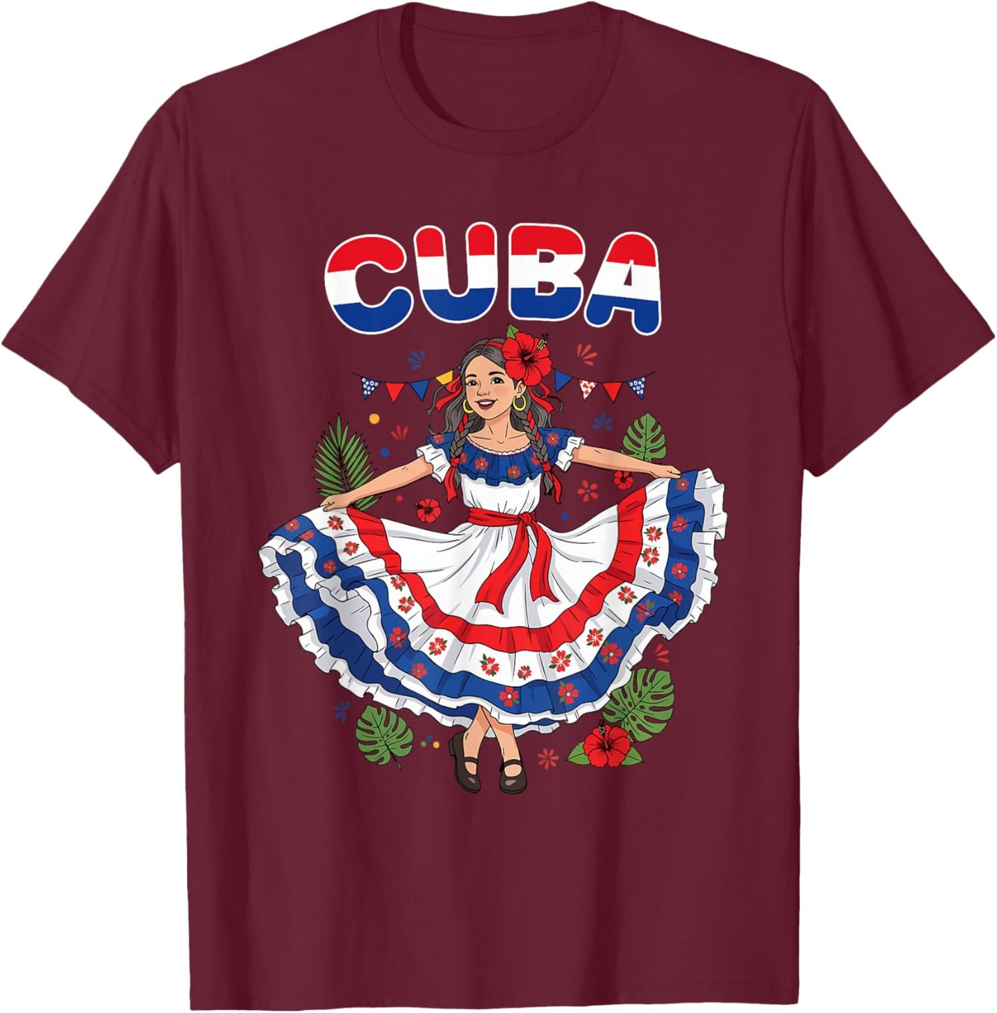 Cuba Cuban Girl Traditional Dress Tropical Flowers T-Shirt - T-Shirt | Maroon