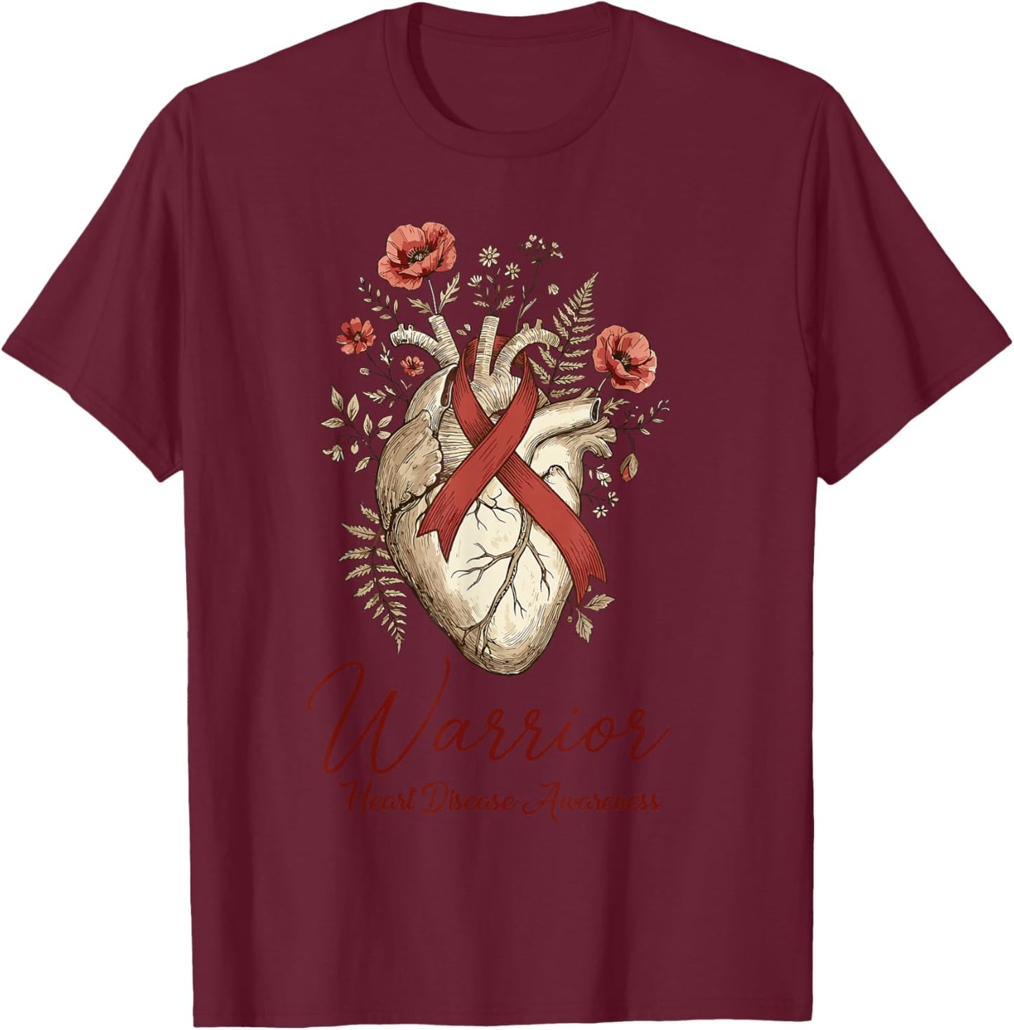 Heart Disease Awareness Warrior Anatomical Floral Ribbon T-Shirt - T-Shirt | Maroon