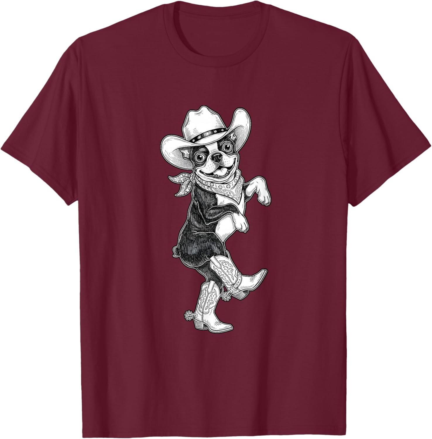 Howdy Boston Terrier Cowboy Western Country Vintage Sketch T-Shirt - T-Shirt | Maroon