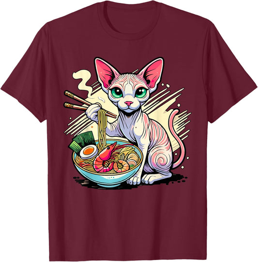 Sphynx Cat Eating Ramen T-Shirt - T-Shirt | Maroon