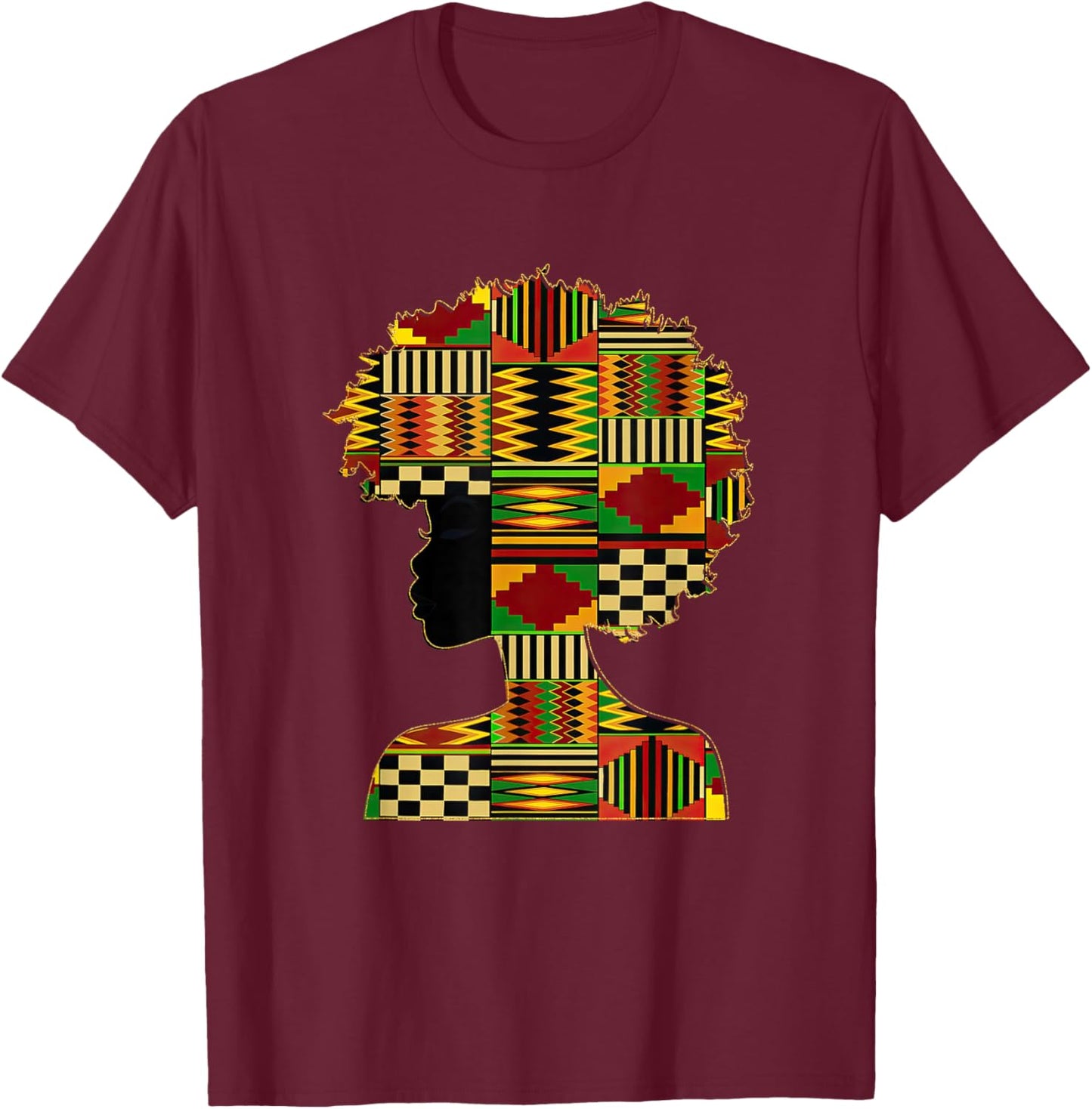 Black History Month Kente Afro Woman Girl African American T-Shirt - T-Shirt | Maroon