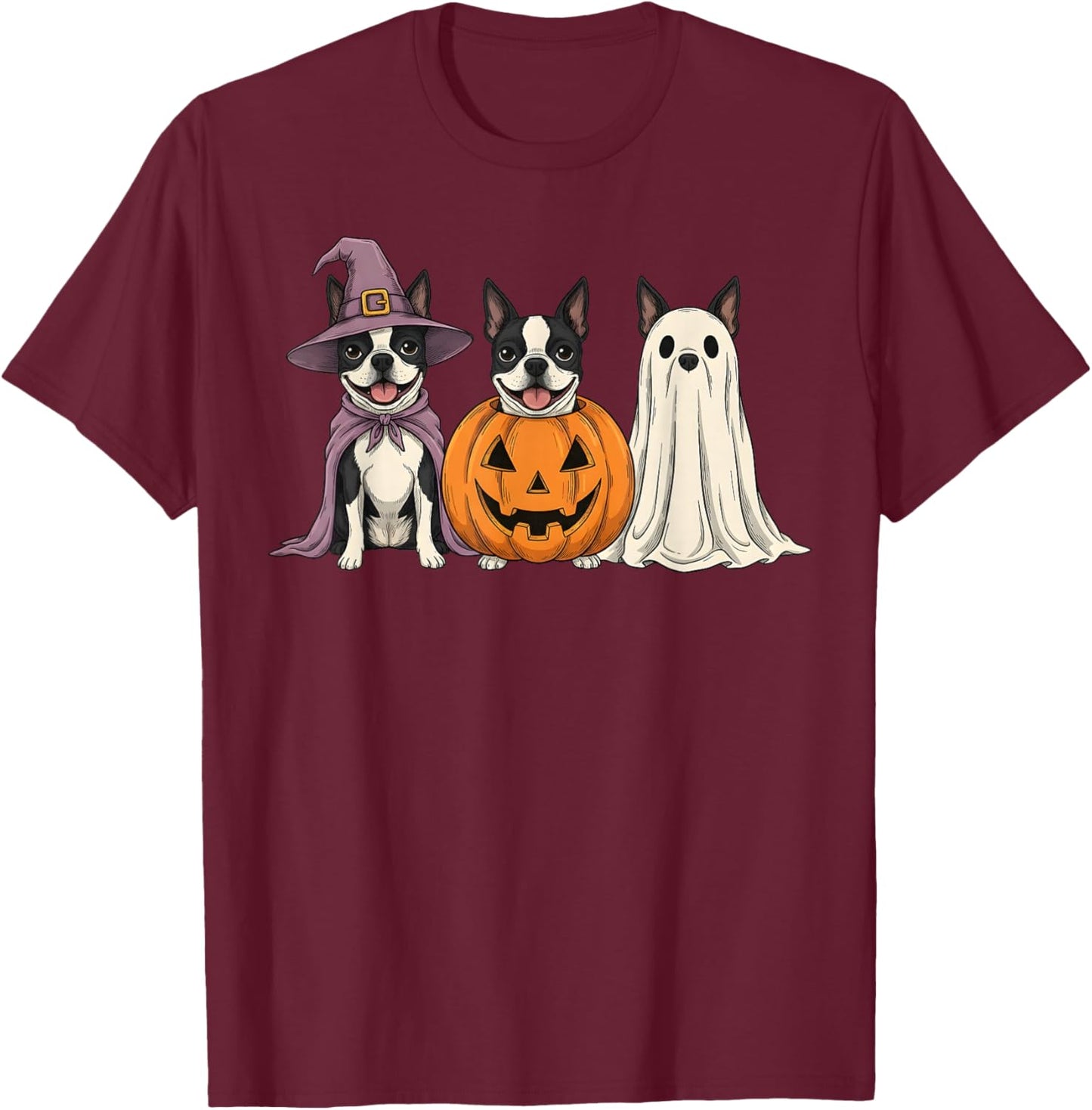 Spooky Ghost Boston Terrier Pumpkin Halloween Dog Lover T-Shirt - T-Shirt | Maroon