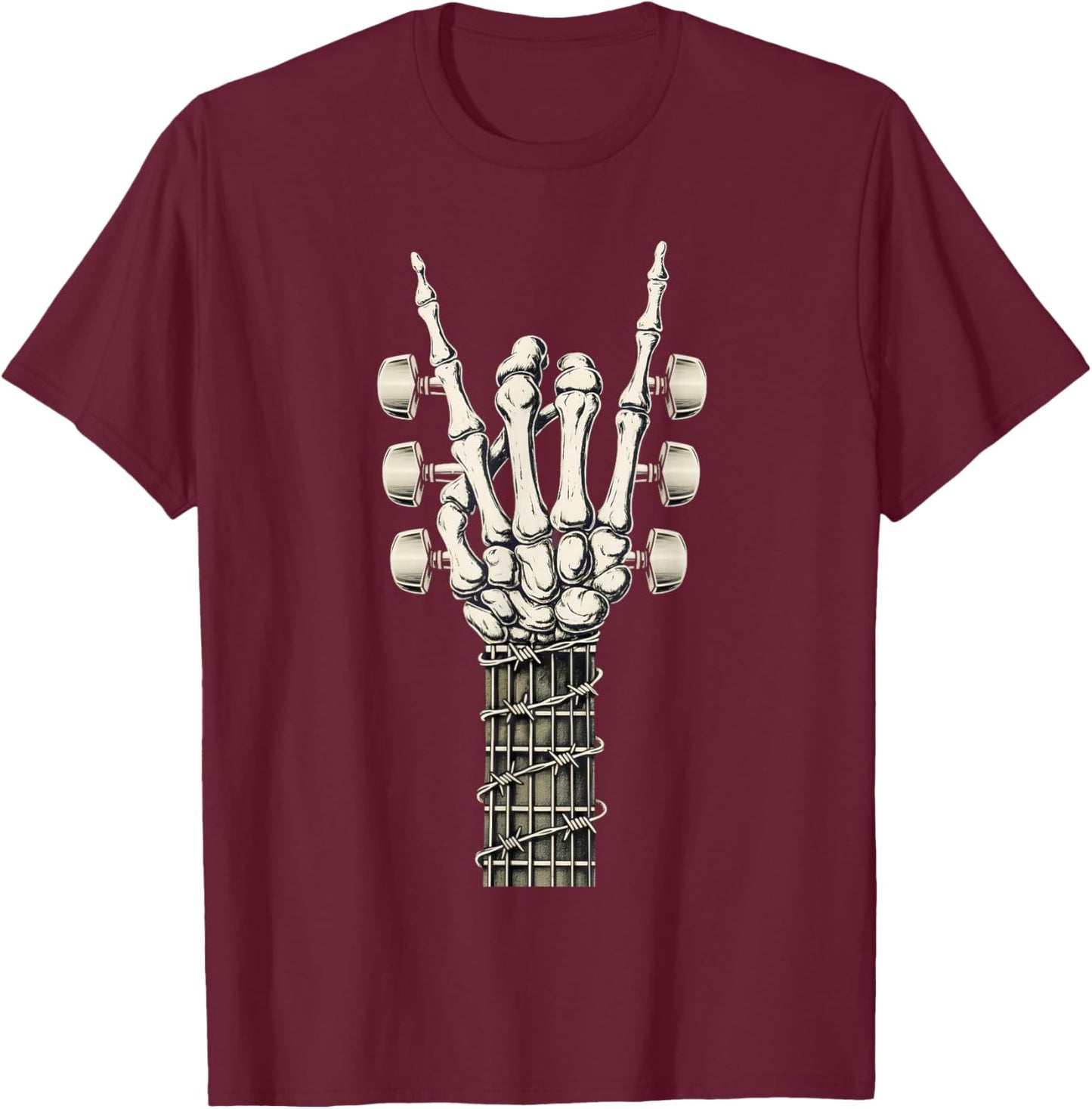 Skeleton Guitar Hand Rock On Guitarist Rock Band Music T-Shirt - T-Shirt | Maroon