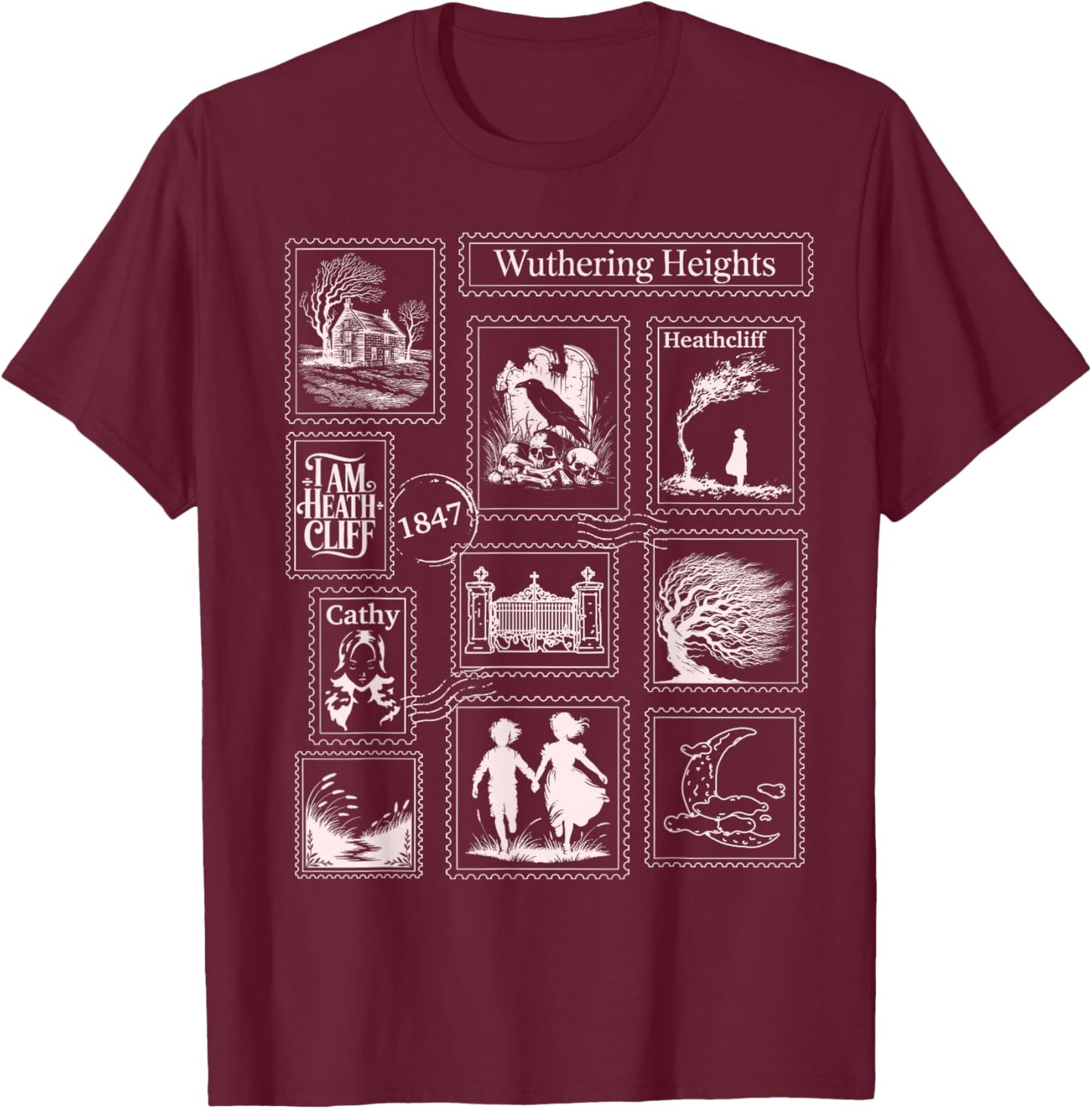 Wuthering Heights Gothic Book Lover Stamps T-Shirt - T-Shirt | Maroon