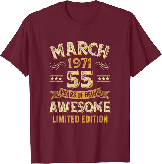 Awesome Vintage March 1971 55Th Birthday T-Shirt - T-Shirt | Maroon