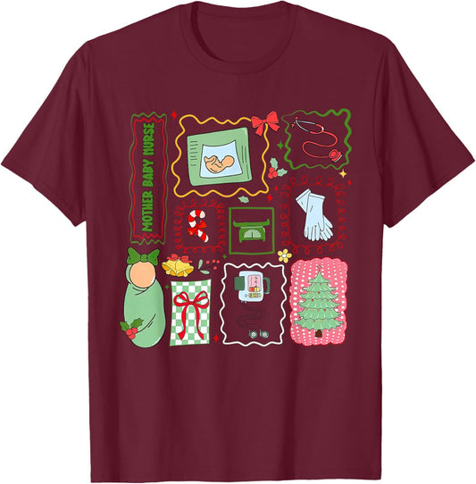 Mother Baby Nurse Christmas Stamp Postpartum Maternity Nurse T-Shirt - T-Shirt | Maroon