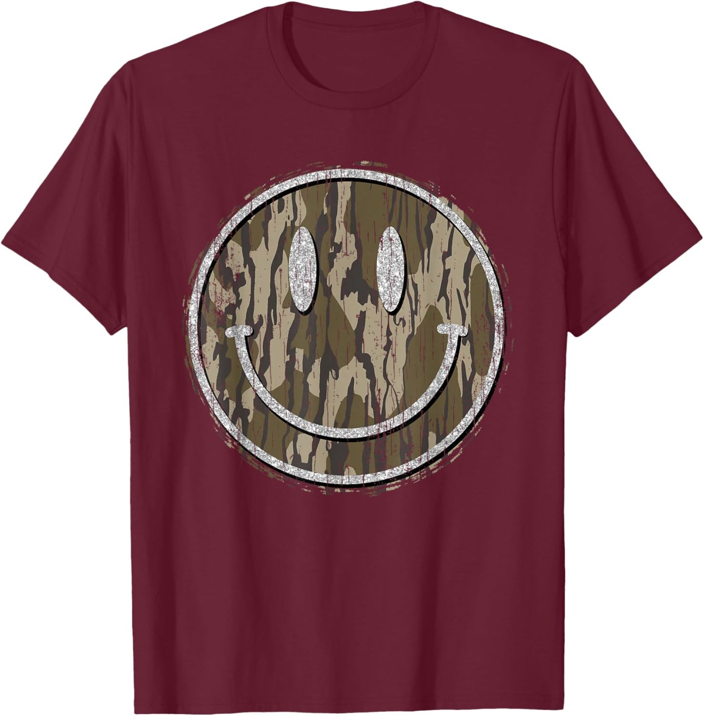 Vintage Hunting Camo Smile Face Camouflage Happy Smiling T-Shirt - T-Shirt | Maroon