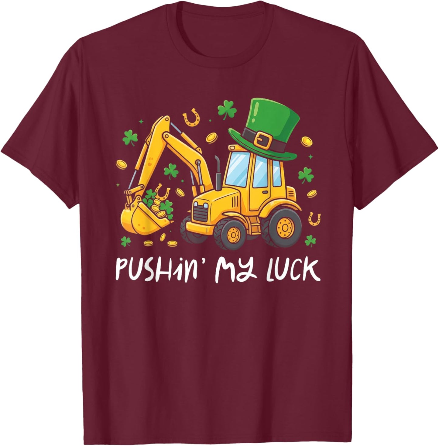St Patricks Day Bulldozer Saint Paddys Construction Boys Kid T-Shirt - T-Shirt | Maroon
