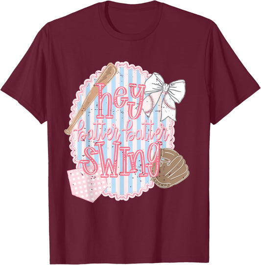 Hey Batter Batter Swing Baseball Game Day Coquette Bow Girly T-Shirt - T-Shirt | Maroon