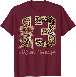 13th Birthday Girl Coquette Bow Leopard Official Preteen T-Shirt - T-Shirt | Maroon