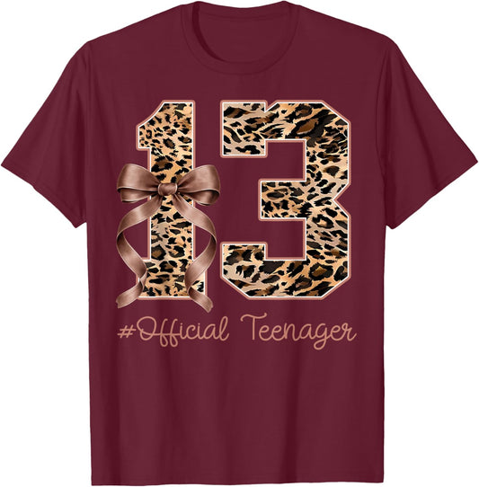 13th Birthday Girl Coquette Bow Leopard Official Preteen T-Shirt - T-Shirt | Maroon
