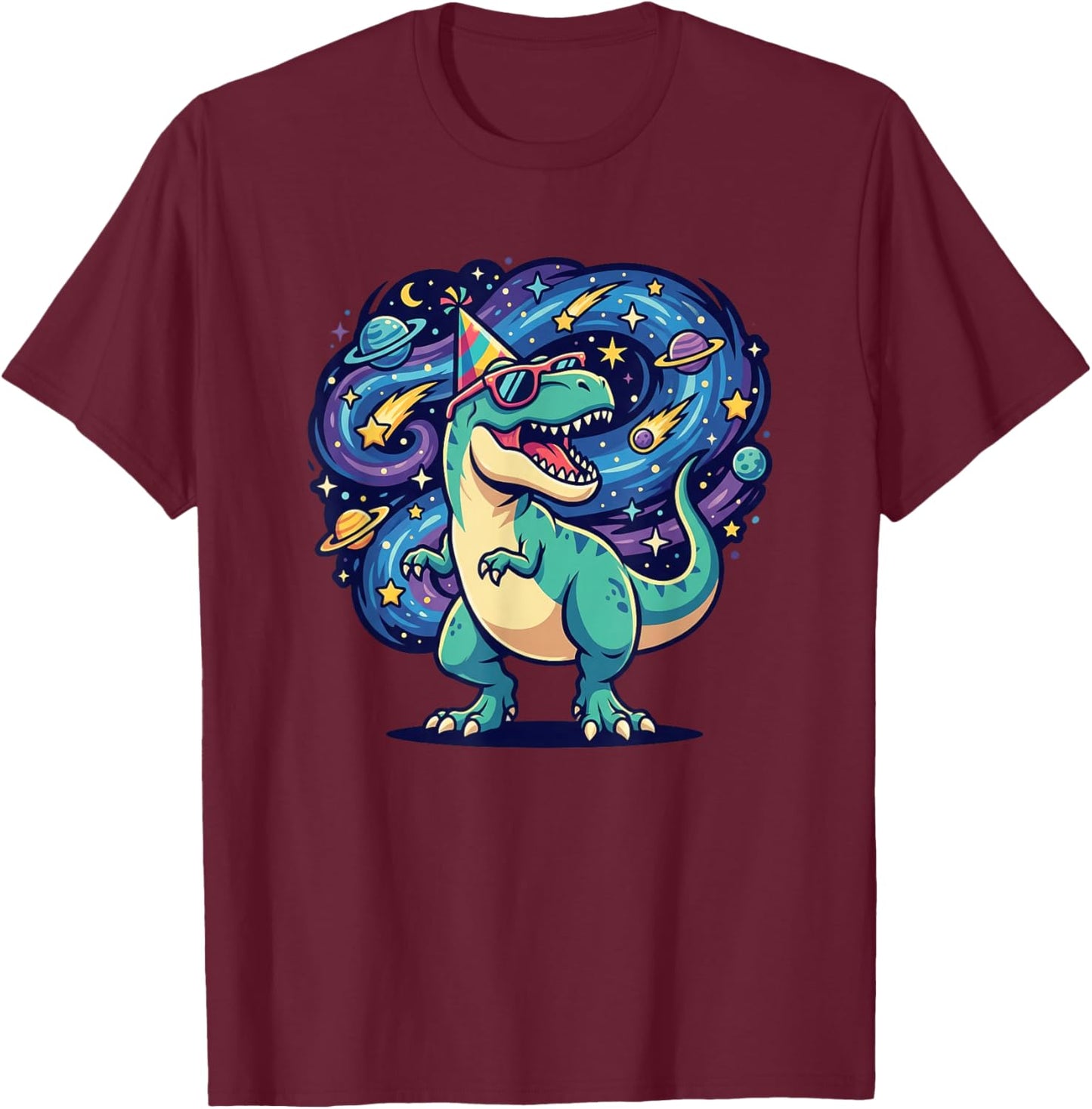 T Rex Space Birthday Party Dinosaur for Kids T-Shirt - T-Shirt | Maroon