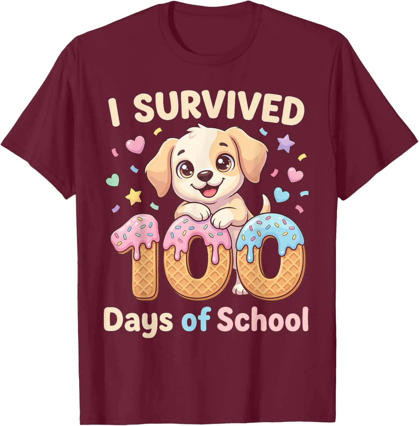 I Survived 100 Days of School Funny Punny Dog Ice Cream Drip T-Shirt - T-Shirt | Maroon