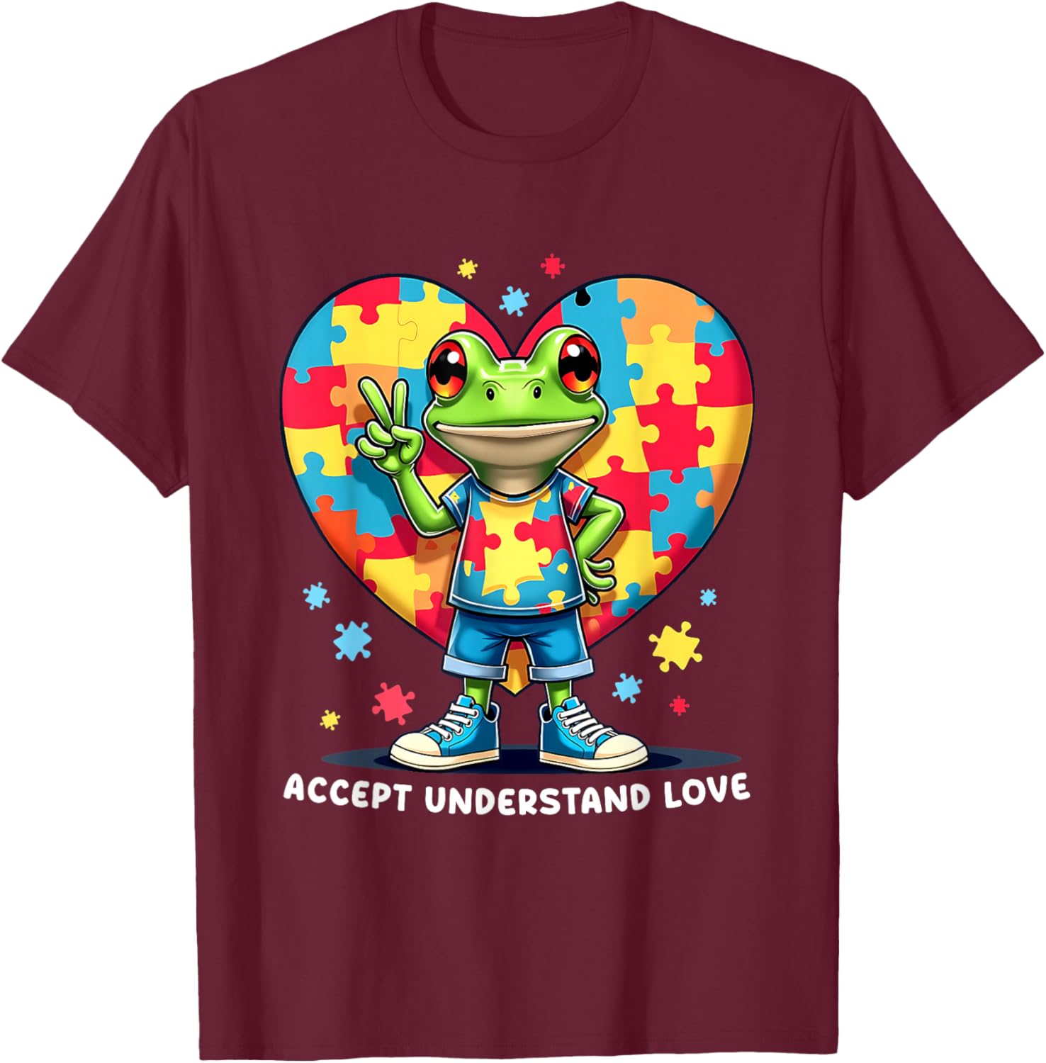 Puerto Rico Coqui Frog Autism Acceptance Puzzle Heart Art T-Shirt - T-Shirt | Maroon