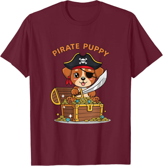 Pirate Puppy Dog with Treasure Chest Halloween T-Shirt - T-Shirt | Maroon