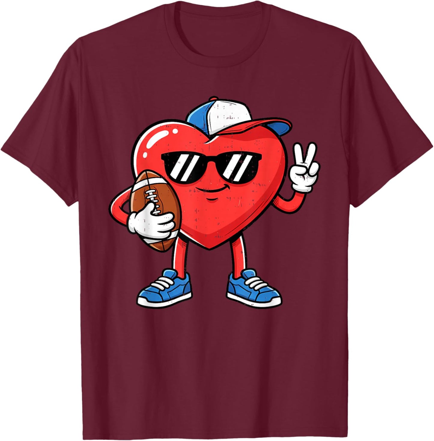 Heart Play Football Valentines Day for Teens Boys Girls Kids T-Shirt - T-Shirt | Maroon