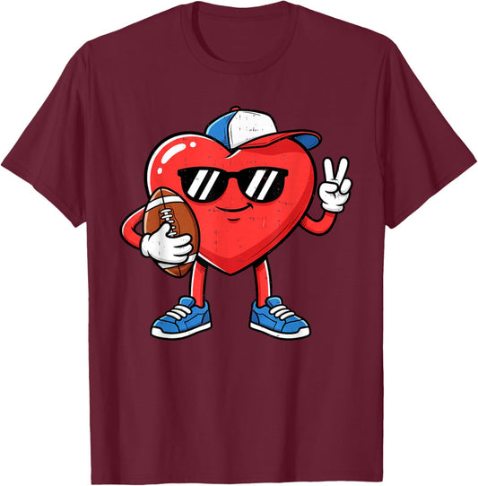 Heart Play Football Valentines Day for Teens Boys Girls Kids T-Shirt - T-Shirt | Maroon