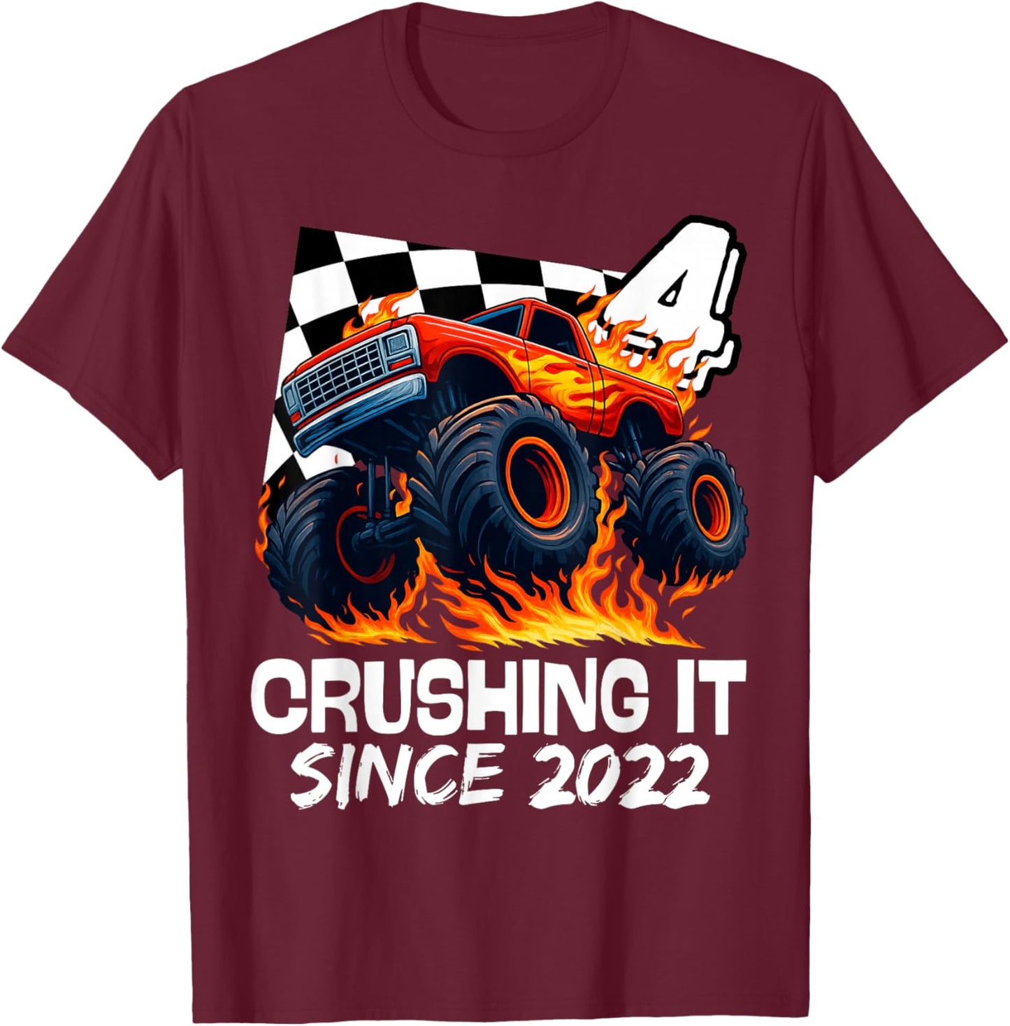 Birthday Monster Truck 4 Year Old Boys 4th Party Born 2022 T-Shirt - T-Shirt | Maroon