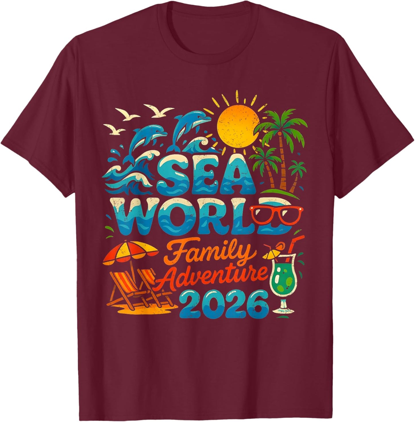 Sea World Family Adventure 2026 Beach Design T-Shirt - T-Shirt | Maroon
