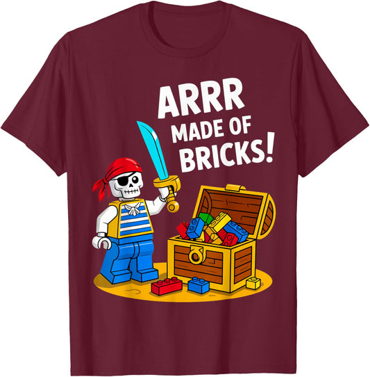 Halloween Bricks Pirate Skeleton Builder Blocks Building Toy T-Shirt - T-Shirt | Maroon
