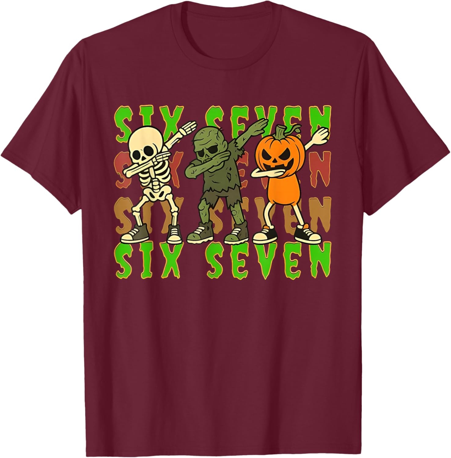 Six Seven Skeleton Spooky Pumpkin Halloween Couple Men Women T-Shirt - T-Shirt | Maroon