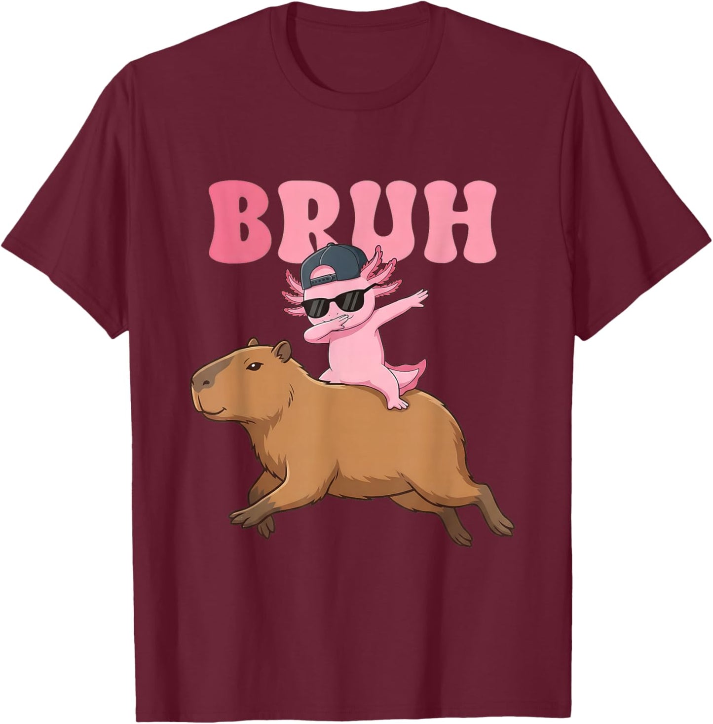 Bruh Dabbing Axolotl Kawaii Pink Axolotl and Capybara Lover T-Shirt - T-Shirt | Maroon
