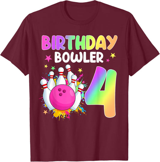 Rollin’ Into 4 Birthday Girls Bowling Themed 4th Bday Party T-Shirt - T-Shirt | Maroon